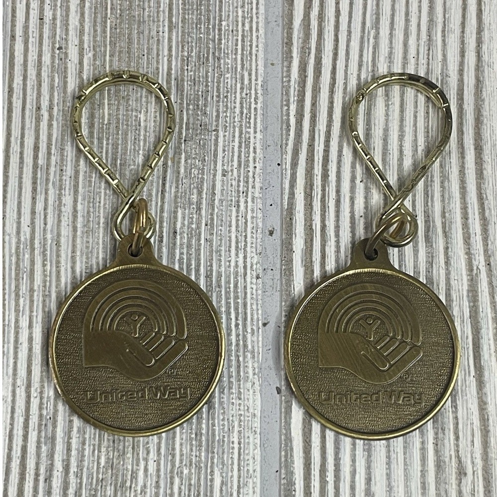 Vintage United Way Keychain Set 2 Brass Tone Logo Medallion Charity Collectible